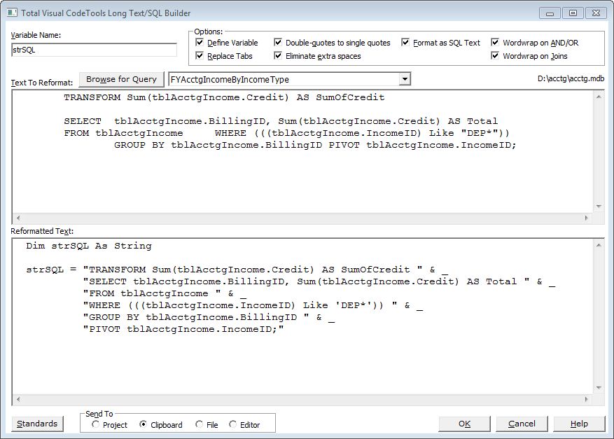 Long Text Builder Converts SQL to variable assignments in Total Visual CodeTools for VB6/VBA